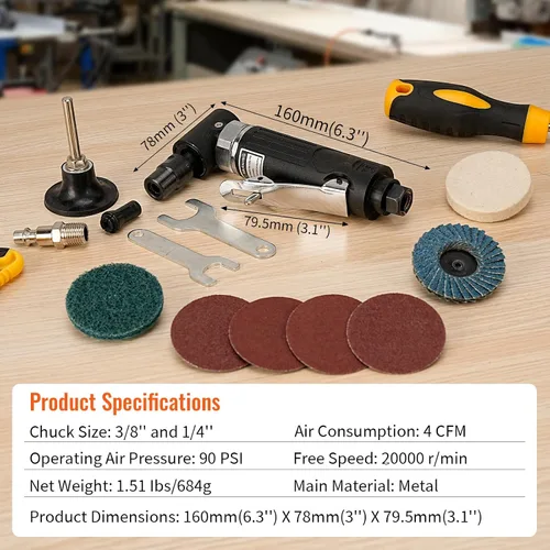 Miniatura 7 de BAIWEN - Amoladora neumática de ángulo recto de 1/4 pulgadas, 90 grados, resistente, 20,000 RPM, herramienta pulidora de lijadora comprimida