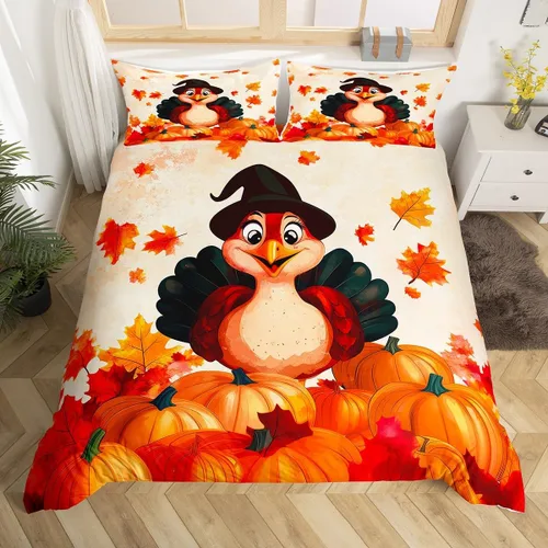 Miniatura 15 de Erosebridal Juego de funda de edredón individual de pavo de Acción de Gracias, juego de ropa de cama de calabaza y hojas de otoño para niños