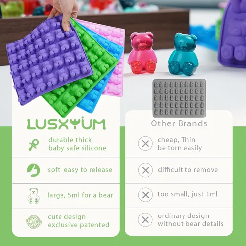 Miniatura 4 de LUSHYUM Moldes grandes de goma de oso 5 ML, moldes de caramelo de chocolate de goma de silicona libres de BPA con 4 goteros y cepillo de limpieza