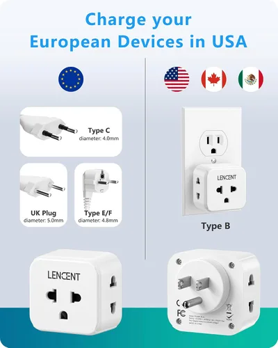 Miniatura 2 de LENCENT Adaptador de enchufe de EU a EE. UU., Adaptador de toma de EE. UU. a Europa, viaje de Europa a toma de EE. UU., extensor de toma de 3 lados