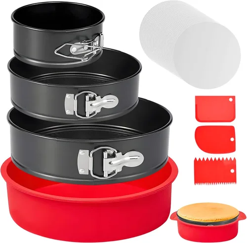 Juego de 3 moldes desmoldables de 4, 7 y 9 pulgadas, molde para cheesecake a prueba de fugas con protector, moldes desmoldables antiadherentes para