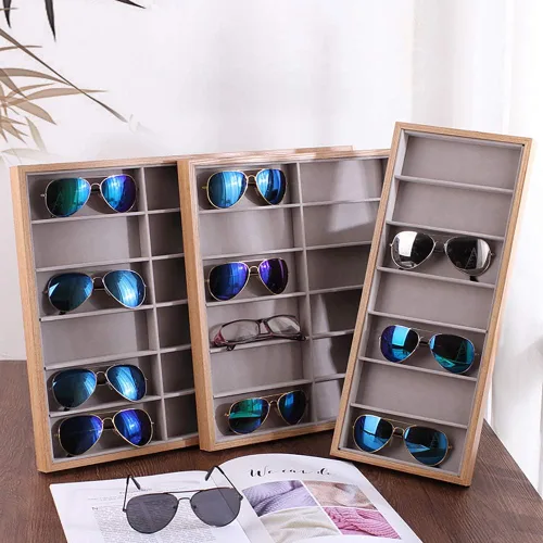 Miniatura 6 de Homeanda 12 rejillas marco de madera gris terciopelo gafas caso gafas organizador gafas de sol soporte gafas caso gafas gafas caja gafas gafas gafas