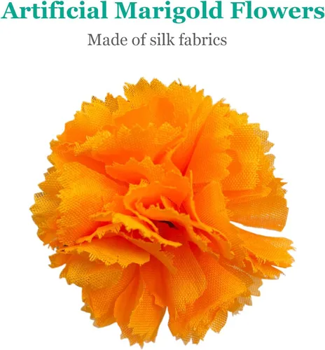 Miniatura 2 de 50 flores artificiales de caléndula, cabezas de seda de 2 pulgadas con tallos para Diwali, festival indio, día de los muertos, día de los muertos