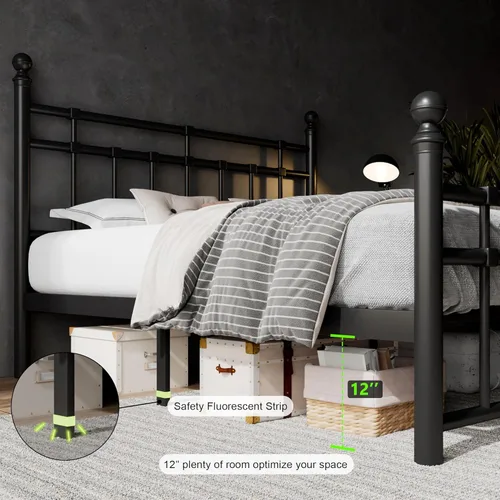 Miniatura 5 de Feonase Base de cama de plataforma de metal de tamaño matrimonial con cabecero y estribo clásico victoriano, listones resistentes, almacenamiento