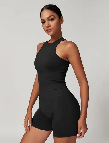 Miniatura 26 de Conjuntos de entrenamiento para mujer, 2 piezas, sin costuras, acanalada, sin mangas, brasier deportivo, cintura alta, pantalones cortos