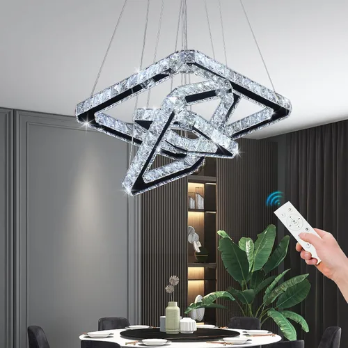 Lámpara de araña LED regulable con cristal y control remoto, lámpara colgante moderna de 3 anillos cuadrados, temperatura de color ajustable de
