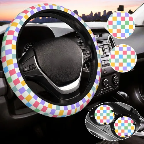 Funda de volante a cuadros para mujeres, funda universal para volante de automóvil de 14-15 pulgadas, accesorios interiores para automóvil, con 2