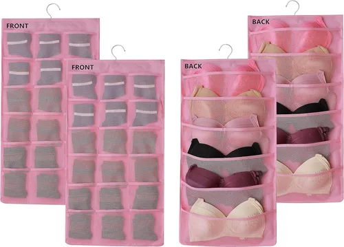 Miniatura 9 de Organizador de armario de doble cara con bolsillos de malla para colgar, para ropa interior, brasier, calcetines, accesorios con percha, total de 24