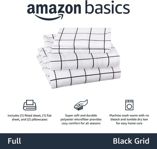 Miniatura 3 de Amazon Basics Juego de sábanas de microfibra suave de 4 piezas con bolsillos laterales elásticos, Full, cuadrícula negra, geométrico