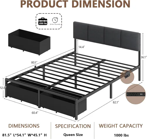 Miniatura 2 de Furnulem Marco de Cama Queen con Cabecera Ajustable, Cama Tapizada con 2 Cajones de Almacenamiento, Estación de Carga USB Integrada y Luces LED, Gris