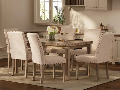 Miniatura 7 de Morden Fort Juego de mesa de comedor rústica para 6, sillas de comedor de cocina de granja para 6, encantadora mesa rectangular de madera de 60" y 6