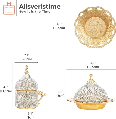 Miniatura 3 de Alisveristime Juego de café turco adornado con cristal, 27 piezas, tazas decorativas de Zamac para espresso, platillos y azucarero con bandeja