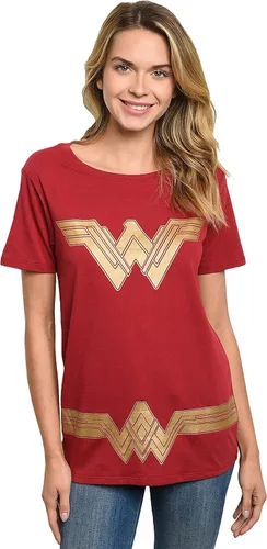 DC Comics Wonder Woman - Camiseta para mujer, color rojo oscuro, con logotipo, estampado de cinturón