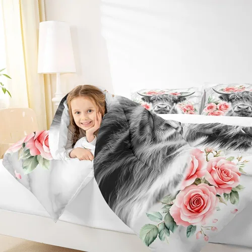 Miniatura 6 de Erosebridal - Juego de funda de edredón con flores de vaca de las Highlands, tamaño Queen, diseño de toro, juego de ropa de cama de ganado vacuno