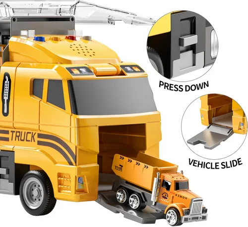 Miniatura 6 de TEMI Juego de camiones de construcción con alfombra de juego, juguetes de camión transportador para niños pequeños, juego de autos de juguete