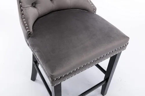 Miniatura 7 de Juego de 2 taburetes de bar de altura de mostrador, sillas de comedor tapizadas de terciopelo con ribete de cabeza de clavo, patas de madera, Gris