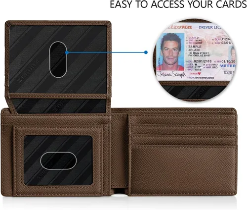 Miniatura 2 de RUNBOX Carteras de los hombres Slim Rfid Leather 2 ID ventana con caja de regalo, Palm-café