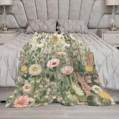 Miniatura 6 de Manta de vellón de hierbas y flores silvestres con plantas botánicas para primavera y verano, con margaritas y hojas florales, manta de franela