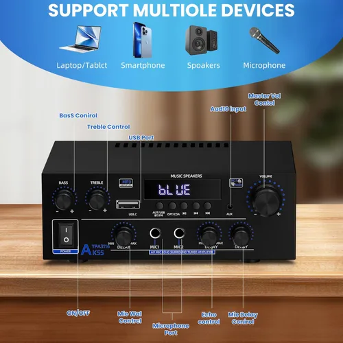 Miniatura 4 de Amplificador estéreo de audio para el hogar de 1000 W, amplificador Bluetooth 5.3 para dos altavoces de 50 W x2 de aproximadamente 8 pulgadas