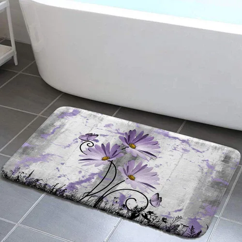 Miniatura 8 de Alfombra de baño rústica de granja, diseño de margaritas y mariposas en madera de campo, tapete de baño de madera color gris, blanco, azul marino
