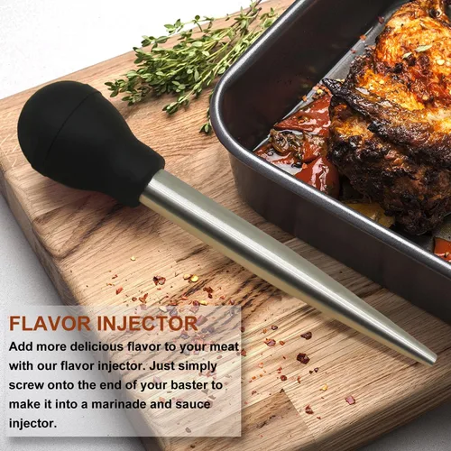 Miniatura 4 de Baster de acero inoxidable para pavo con cepillo de limpieza, jeringa de grado alimenticio para cocinar y rociar con 2 agujas inyectoras de adobo