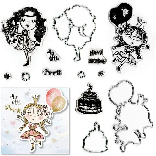Lindos sellos y troqueles para niñas para hacer tarjetas, palabras de cumpleaños, sello transparente, troqueles de corte de mariposa, troqueles de