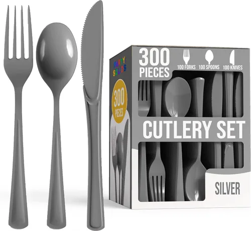 Miniatura 14 de Party Solids - Juego de cubiertos de plástico negro resistente de 300 piezas, cubiertos desechables negros resistentes, juegos de utensilios, 100