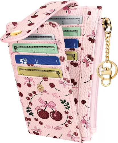 Miniatura 9 de Cartera delgada pequeña para tarjetas para mujeres – Linda cartera con llavero con bloqueo RFID que sostiene 7 tarjetas, diseño de moda de cuero