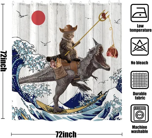 Miniatura 7 de Cortina de ducha divertida con gato y dinosaurio, cortina de baño fresca y genial con olas del océano japonés, cortinas impermeables de tela