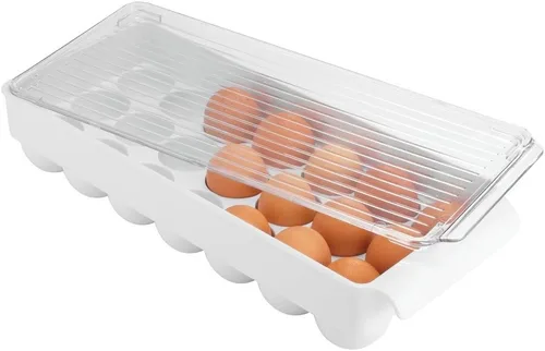 Miniatura 3 de iDesign - Soporte de plástico para huevos para refrigerador con tapa, contenedor de almacenamiento de 21 huevos, transparente y blanco