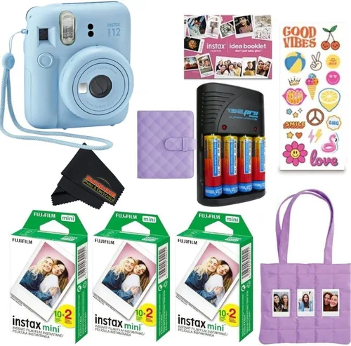 Miniatura 12 de FUJIFILM INSTAX Mini 12 Holiday Bundle 2025 con película extra Instax Mini + 4 pilas AA y paño de limpieza de microfibra Sunshine Photo