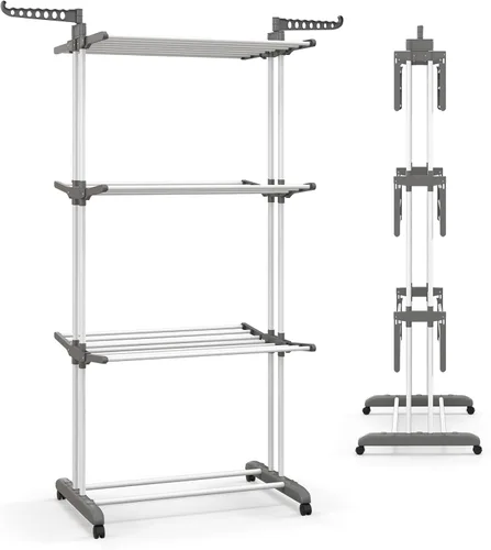 Miniatura 8 de Tangkula Escurridor de ropa plegable de 4 niveles, estante de secado de gran tamaño con ruedas bloqueables y marco de metal a prueba de óxido, Azul