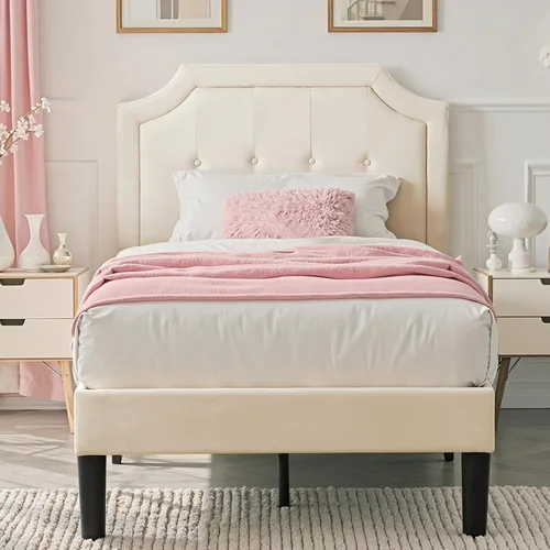 Miniatura 12 de VECELO Base de cama de plataforma de tamaño individual con cabecera tapizada de tela y soporte de listones de madera, no necesita somier/fácil Beige