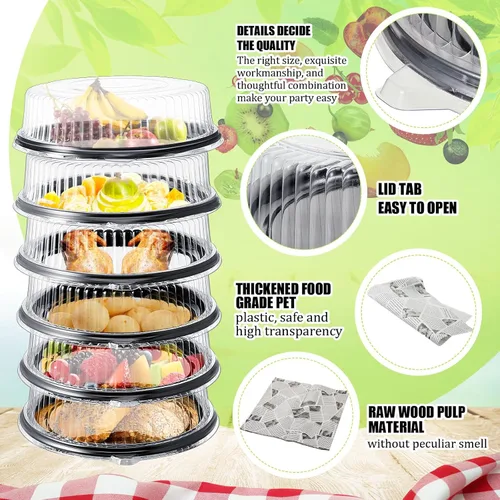 Miniatura 3 de Tessco - 6 bandejas y tapa de servicio resistente, 12 hojas de papel de cera de delicatessco, platos redondos de plástico negro con tapas