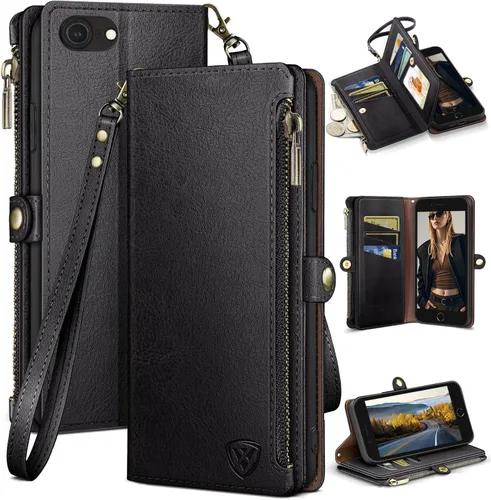 XcaseBar Funda tipo cartera compatible con iPhone SE 3rd/7/8 con cremallera y tarjetero de crédito con bloqueo RFID, funda de piel sintética con