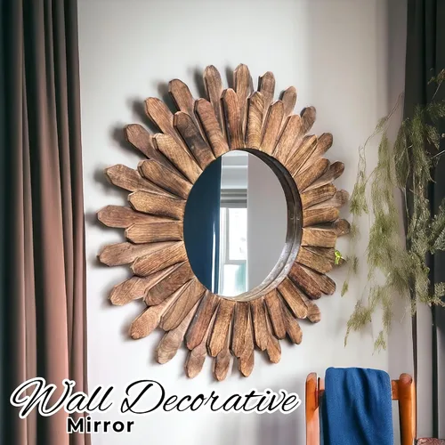 Miniatura 4 de Bedding Craft Espejo rústico redondo de madera con diseño de rayos de sol, de 18 pulgadas con acabado quemado – Accesorio bohemio para dormitorio