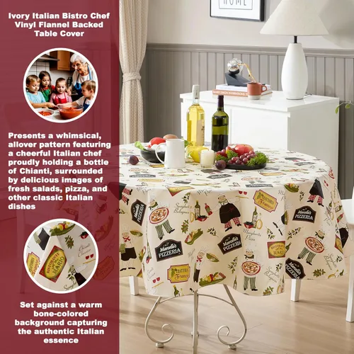 Miniatura 2 de Newbridge Mantel redondo de vinilo de 70 pulgadas con reverso de franela, chef italiano, chef italiano, para interiores y exteriores, impermeable