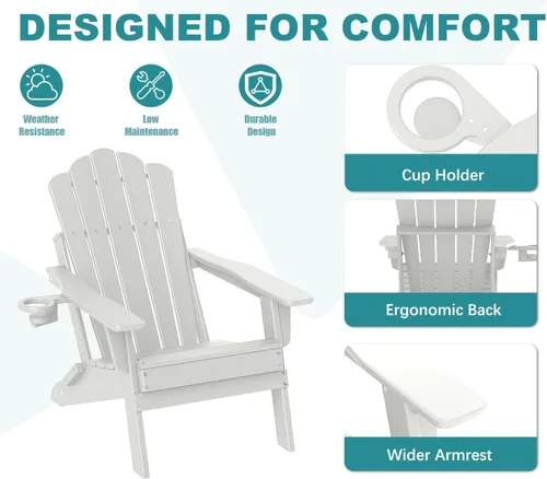 Miniatura 5 de FOOWIN Adirondack - Silla plegable de polietileno de alta densidad para patio con soporte para tazas, silla de plástico resistente de 400 libras