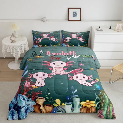 Miniatura 11 de Erosebridal Juego de edredón de ajolote rosa Kawaii Walking Fish para niños, edredón de reptil de criatura bajo el mar, arrecife de coral