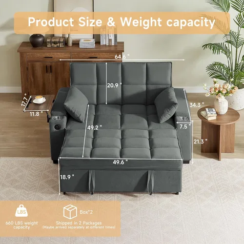 Miniatura 2 de Auvsoce - Sofá cama biplaza de 65 pulgadas, sofá convertible para sala de estar, sofá para RV con respaldo ajustable, chaise longue, mesa lateral
