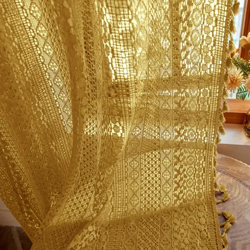 Miniatura 18 de WAZZIO Cortinas de Encaje, Cortina Boho de Crochet para Dormitorio, Cortinas de Café de Algodón, 45 Pulgadas de Largo, 2 Paneles con Bolsillo