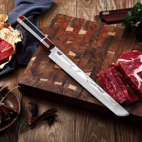 Miniatura 5 de FINDKING Cuchillo Sakimaru de la Serie Prestige con Funda de Nogal, Hoja de Acero Damasco Japonés SKD11, Mango Octagonal de Madera de Ébano