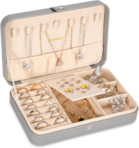 LANDICI - Caja de joyería pequeña para mujeres y niñas, estuche organizador de joyería de viaje de cuero PU, soporte portátil para almacenamiento de