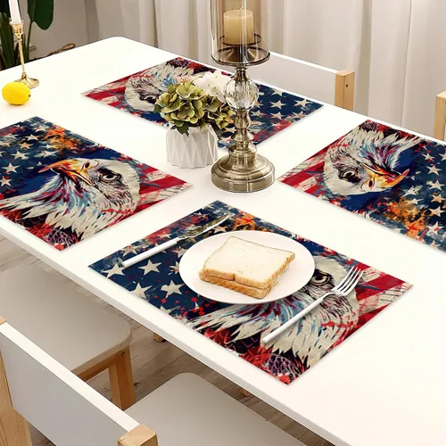 Miniatura 7 de Juego de 6 manteles individuales con bandera estadounidense, diseño de águila calva, resistentes al calor, lavables, para fiestas, cocina, granja