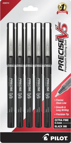 PILOT Precise V5 Stick - Bolígrafos de tinta líquida con punta extrafina (0.5 mm.), tinta negra, paquete de 5 (26010)