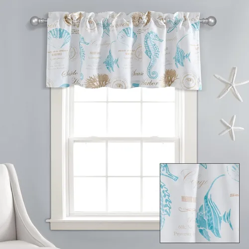 Lush Decor Harbor Life Cenefa de cortina para ventana con filtro de luz, 52 pulgadas de ancho x 18 pulgadas de largo, color azul y gris pardo,