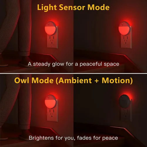 Miniatura 3 de YUNLEX Paquete de 2 luces nocturnas rojas enchufables con sensor de movimiento y sensor de atardecer a amanecer, 3 modos, brillo suave, 0% luz azul