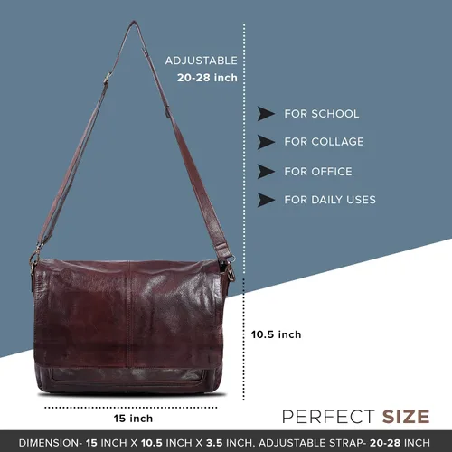 Miniatura 5 de Bolso de mensajero de cuero real para hombres y mujeres Maletín para laptop para oficina, universidad, correa de hombro ajustable