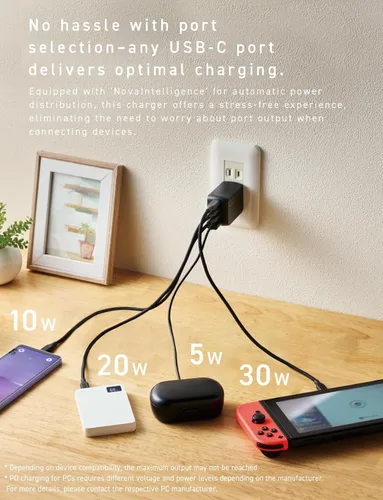 Miniatura 6 de CIO NovaPort Quad II 67W3C1A - Bloque de cargador GaN de 65 W, adaptador compacto de 4 puertos con 3 puertos USB-C y 1 USB-A, carga rápida USBC