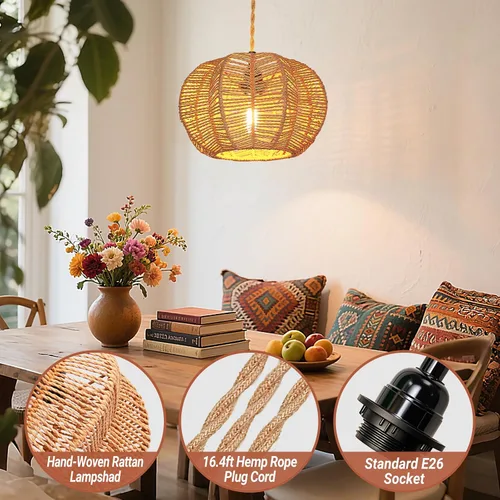 Miniatura 2 de Luces Colgantes con Cable de Enchufe, Lámpara Colgante de Ratán, Luminarias de Techo Boho, Lámpara Colgante de Estilo Rústico para Sala de Estar